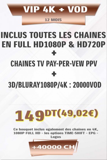 Abonnement IPTV VIP 4K + VOD 38000 Chaines TV – Airysat